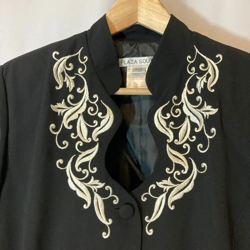 Vintage Plaza South Black Ruffle Embroidered Two Piece Blazer Skirt Set Suit